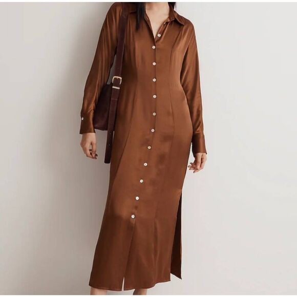 Madewell womens Sz 2 brown satin button front midi dress - Picture 1 of 9